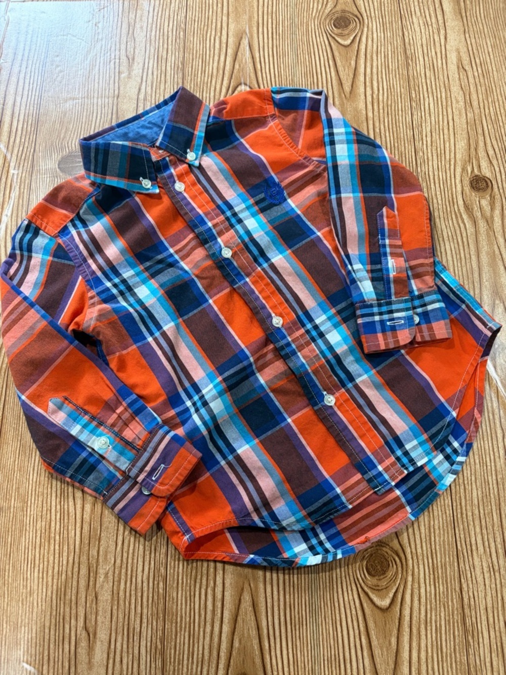 4/$20 Children's Orange & Blue Plaid Button-Up Shirt Cuffed Sleeves Cotton Blend